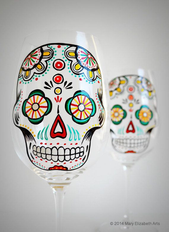Sugar Skull Hand Painted Wine Glasses Día de Muertos Day of the