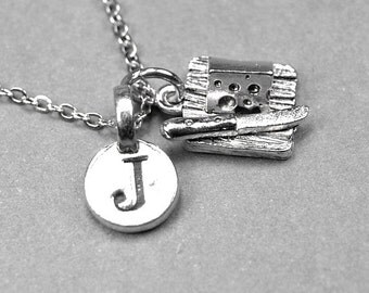 Cheese Board and Knife Necklace, cheese charm, 3D silver plated pewter, initial necklace, initial hand stamped, personalized, monogram