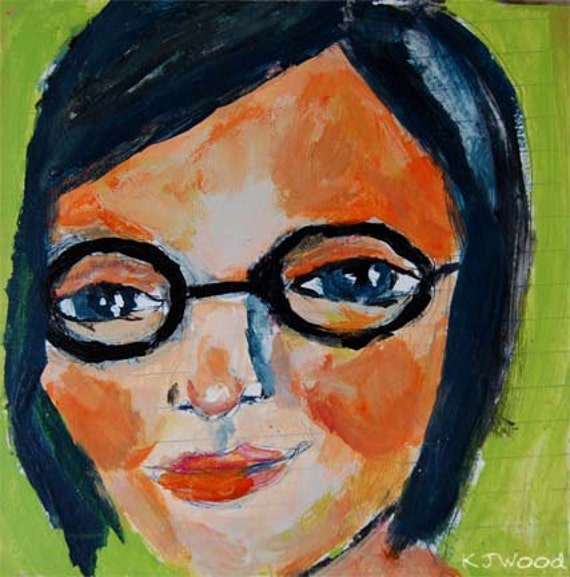Acrylic Portrait Painting, Jackie, Orange, Girl, Face, Black Glasses, Lime Green, Blue Hair, 6x6 canvas panel
