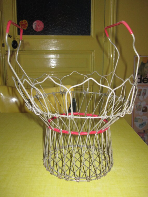 vintage french metal salad spinner / Fruit egg basket / red