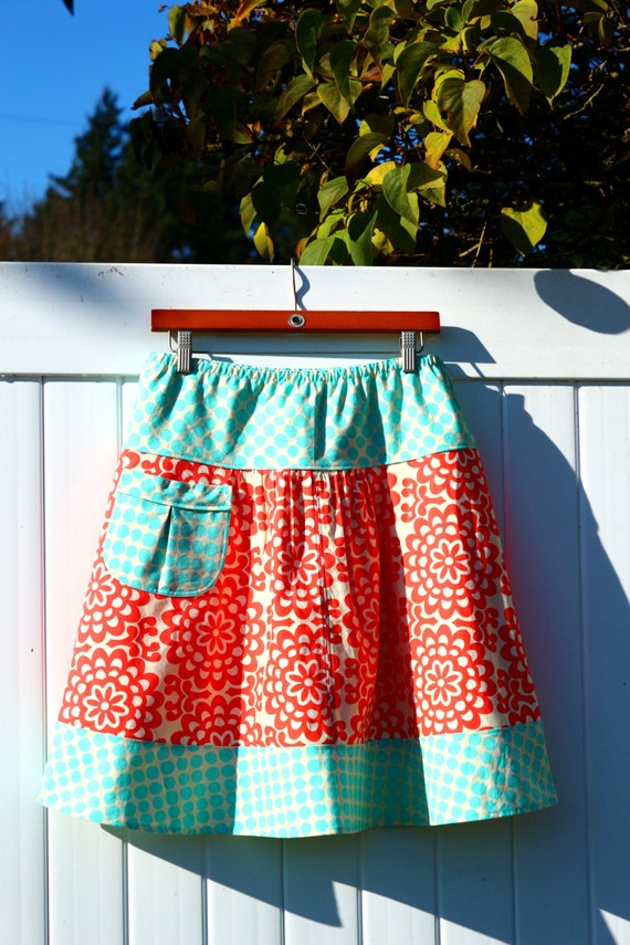 A line Skirt Teal and Red Skirt Pocket with vintage button