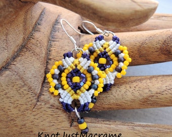 Purple, Yellow and White Lace Beaded Macrame Earrings MicroMacrame