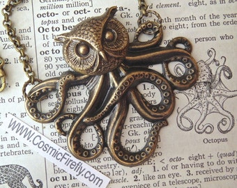 Owl Octopus Necklace Victorian Monster The Owlctopus Half Owl Half Octopus Rustic Brass Rolo Chain Original Design Gothic Steampunk Necklace