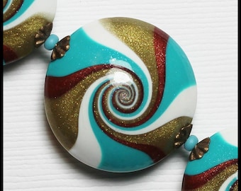 Calypso... Handmade Polymer Clay Beads Set Swirl Spiral Turquoise Teal Aqua Bronze Copper White Antique Brass Bead Caps Jewelry Supplies