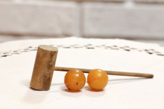 Items similar to Little Wooden Mallet with Vintage Bouncy Balls