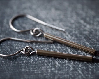 Modern contemporary yellow brass tube and hammered silver earrings