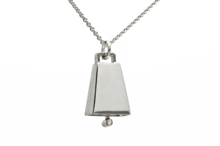 Large Silver and Diamond Cowbell Necklace Sterling Silver