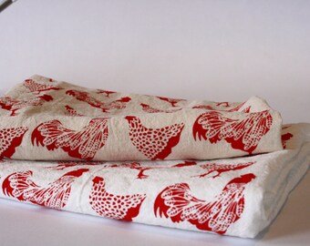 Kitchen Towel, Hand Printed, Red Chickens, Natural Cotton