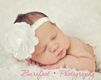 White Flower Headband, Satin & Tulle White Flower Puff Headband or Hair Clip, Baptism, Christening, Flower Girl, Baby Child Girls Headband