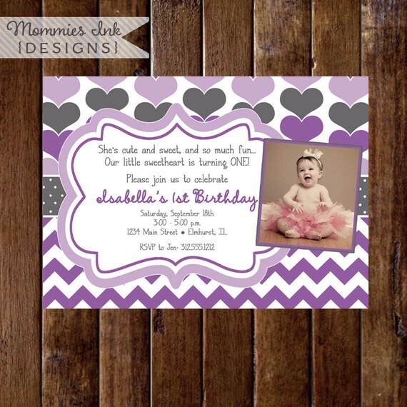 Purple and Gray Sweetheart Birthday Party Photo Invitation, Valentine Birthday Invitation, Heart Invitation, Photo Invitation, Hearts Invite Il_570xn