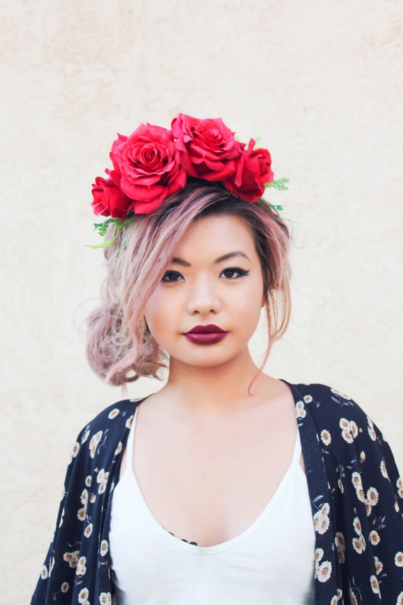 Red rose flower crown statement headpiece rose headband floral crown