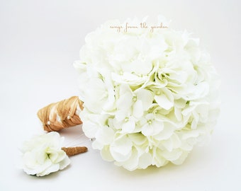 Silk Flower Wedding Bouquet White Silk Hydrangea Groom's Boutonniere - Silk Flower Bridal Bouquet White Hydrangea Jute Tan Ivory Ribbon