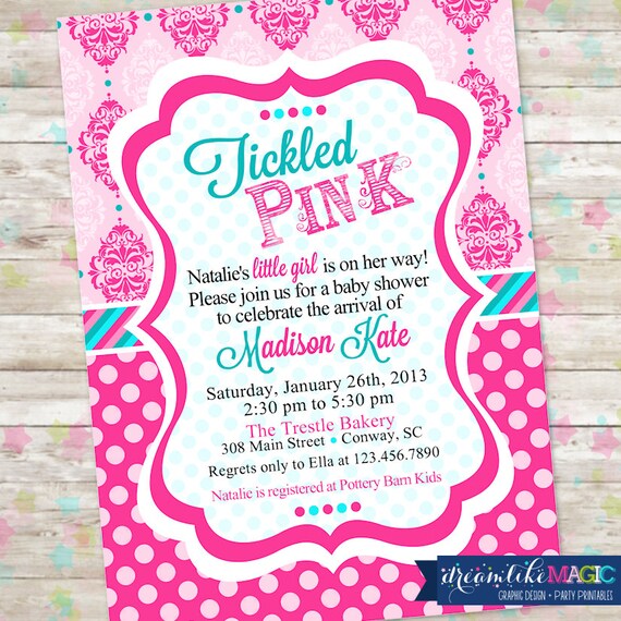 Tickled Pink, Baby Shower Invite, Baby Girl Shower, Damask, Polkadots and Stripes, Printed or Printable, DIY Printable Invite, Pink and Blue Il_570xn
