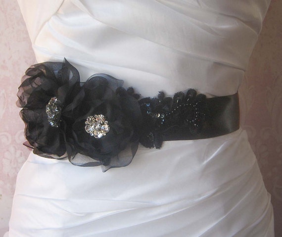 Black Bridal Sash Wedding Belt with Handmade by TheRedMagnolia