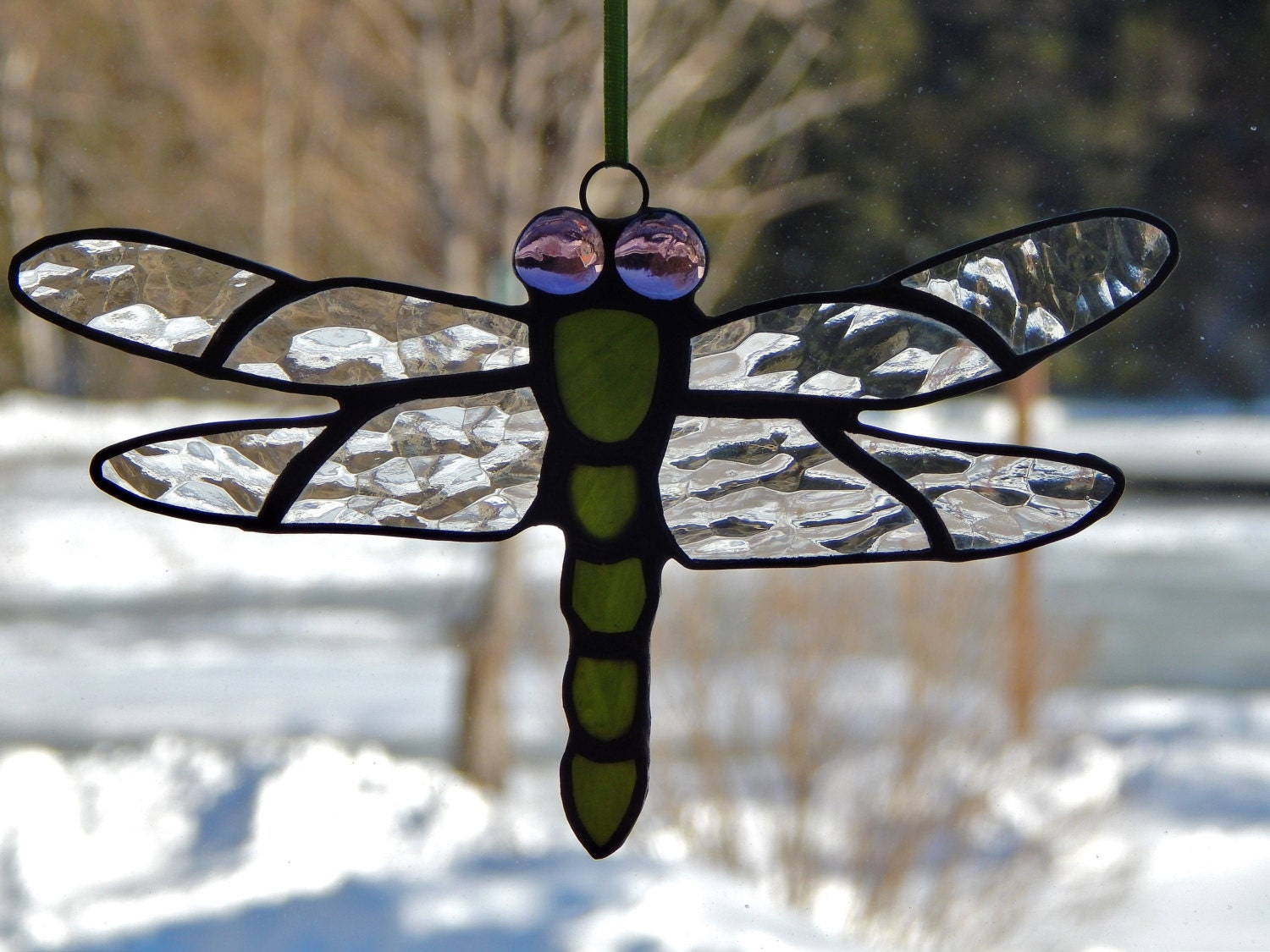 Stained Glass Dragonfly Suncatcher Green / by RedfordGlassStudio