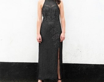 Femme Noir, Stunning French Vintage, Black Bead and Sequin Encrusted Long Evening Dress, from Paris
