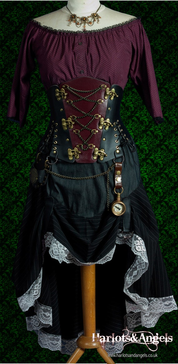Steampunk Pirate Corset Belt. Wine and Black with chain. Steel Boned. All sizes quick shipping steampunk buy now online