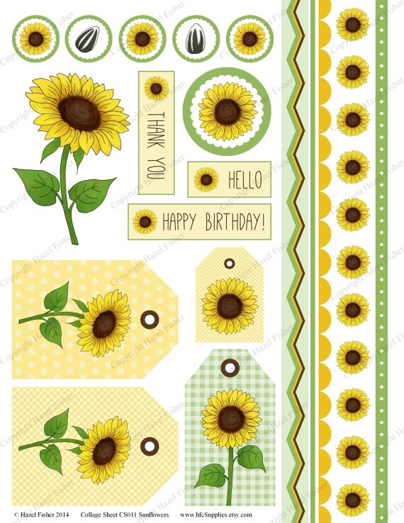 sunflowers printable collage sheet tags border strips circles