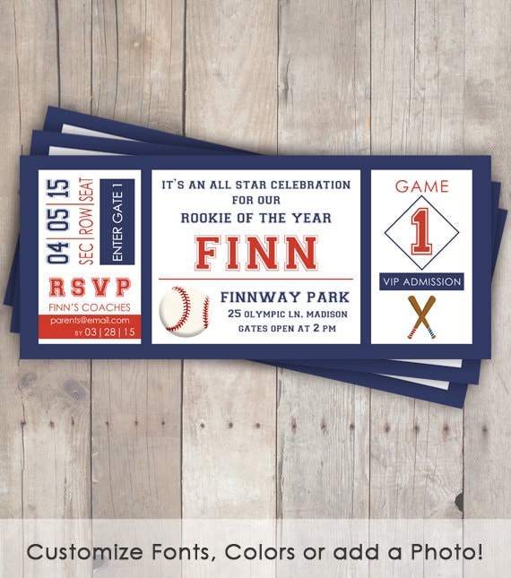Baseball Birthday Invitations - Baseball Ticket - baseball birthday party - Rookie Year - print your own