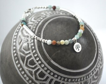 Tree of life 925 Sterling Silver bracelet. Amazonite gemstones and Strength + Courage Healing bracelet Blue green stone bracelet Family tree