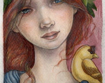 Portrait of a Lady and a Bird....Original 5"x7" Illustration