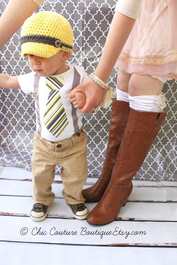 Baby Boy Tie and Suspenders Bodysuit. Stripes of Gray and Yellow Tie Suspenders Dapper Boy. Mustache party idea Cake Smash Birthday Outfit. by ChicCoutureBoutique