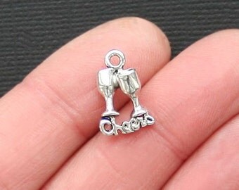 12 Wine Charms Antique Silver Tone 3D Cheers - SC3116