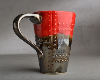 Sheet Metal Mug Made To Order Red and Chrome Sheet Metal Stoneware Mug by Symmetrical Pottery