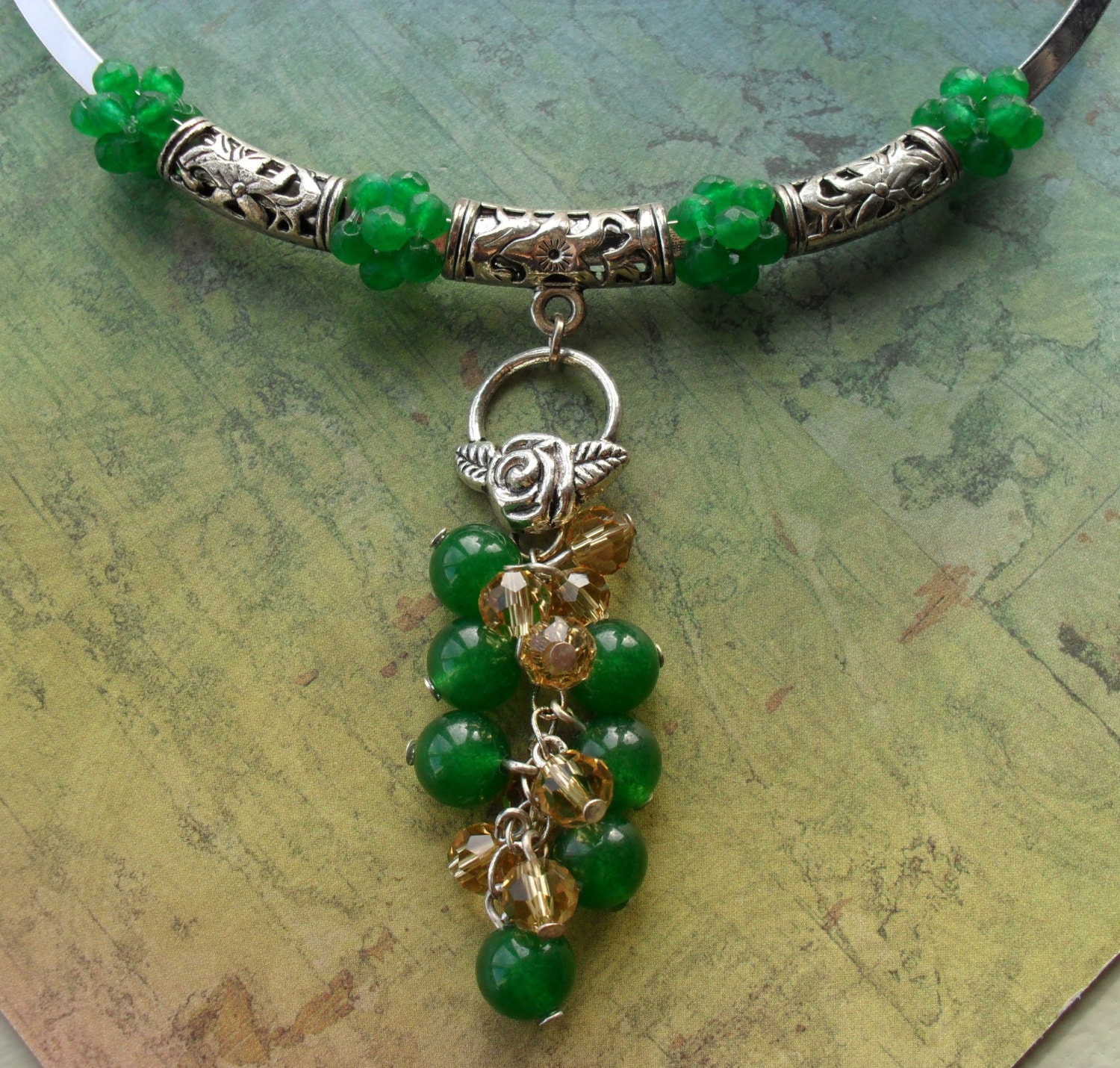 Gorgeous Emerald Green JADE & CRYSTAL dangling by BjeweledVintage