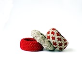 Hand knit bangle bracelets, red textile jewelry set, ruby red wrist cuff bracelet