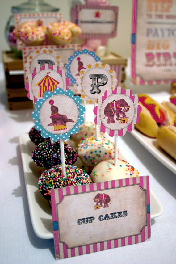 Vintage Circus Party Circles/Cupcake Toppers - INSTANT DOWNLOAD - Candy Combo / Editable & Printable Decorations / Pink, Aqua, Yellow Decor Il_570xn