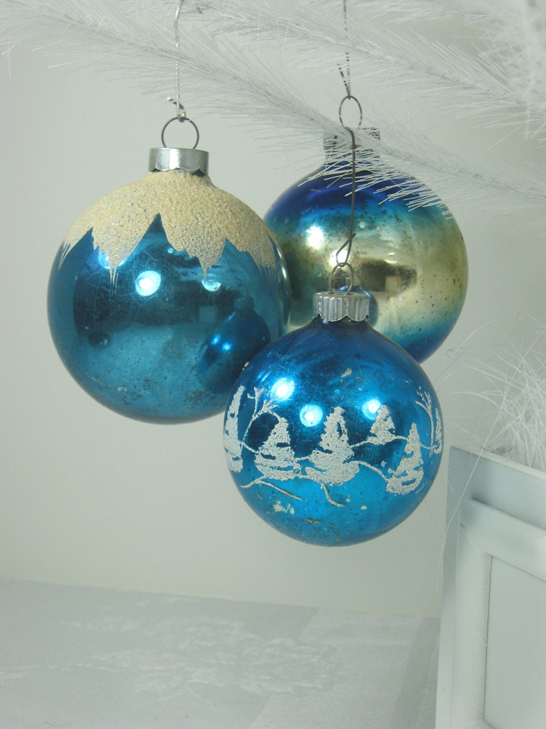 Vintage MERCURY GLASS ORNAMENTS Blue w/ Glitter Christmas Tree