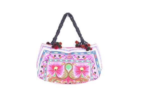 Pink Flowers Tote Shoulder Bag Hill Tribe Thailand by ThaiHandbags