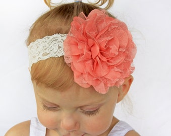 Pale Coral Vintage Lacey Rose Baby Headband - Baby Girl Plush Coral Lace Hair Bow
