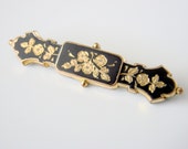 Signed Late Victorian Taille D'Epergne Black Mourning Bar Brooch / Gold Filled / Jewelry / Jewellery