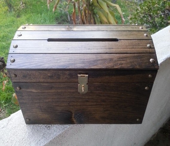 Large Dark Walnut Wooden Wedding Treasure Chest Card Box with