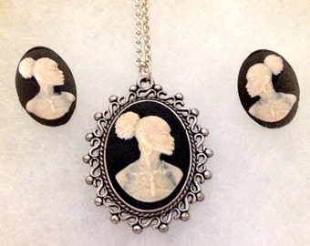 African American profile cameo necklace and earrings set
