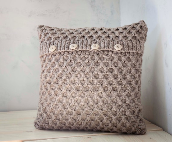 Hand knitted cushion beige waffle pattern pillow cover with