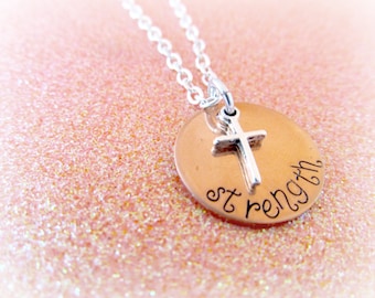 Strength Necklace - Hand Stamped Personalized Necklace - Cross Charm Necklace - Religious Gifts for Her - Grief Gifts - STRENGTH