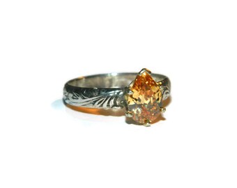 Yellow Topaz Ring, Citrine, Pear Shape, Engraved Band, Size 9