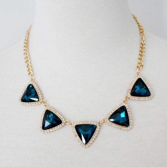 Navy Blue Triangular Jeweled Crystal Statement by AnneEmmaJewelry