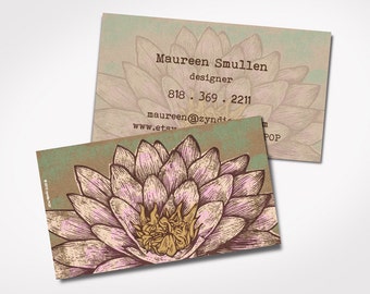 Premium Printed Yoga Business Cards -- LOTUS FLOWER - Kraft brown illustration - Yoga - Massage Therapist cards- Spiritual