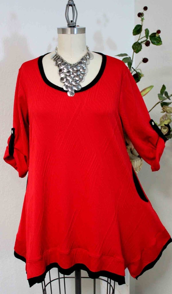 High end Textured fabric, Designer, Plus size top, Lagenlook, boho, Highend Tunic top in Red Color