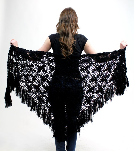 1970s Stevie Nicks Black Lace Fringe Crochet Shawl