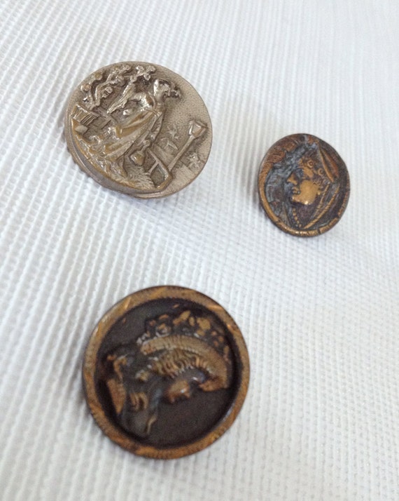 3 Victorian Ladies Buttons Vintage Metal by NiftyThriftyDryGoods