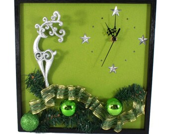 Christmas Decoration, Wall Clock with Silver Reindeer, Christmas Wall Decor, Christmas Gift Nchanted Gifts