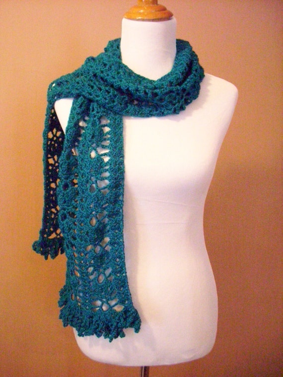 Crocheted Teal Blue Scarf /Lacy / Fringed