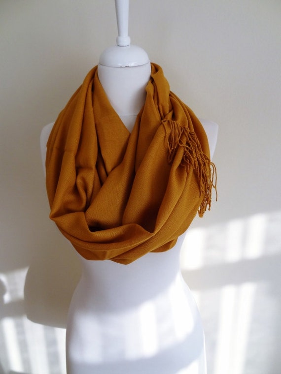 Mustard Color Pashmina Infinity Scarf Fringe Scarf by Aslidesign