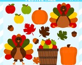 CIJ SALE - Cute Thanksgiving Turkey Clip Art - Festive Fall Clip Art - Thanksgiving Turkey Clipart - Autumn, Pumpkin, Apples, Acorns, Leaves Il_170x135