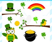 CIJ SALE - St. Patrick's Day Clip Art V2 - St. Patrick's Day Clipart - Cute Owl, Rainbow, Four Leaf Clover, Pot of Gold, Tree Branch Il_170x135